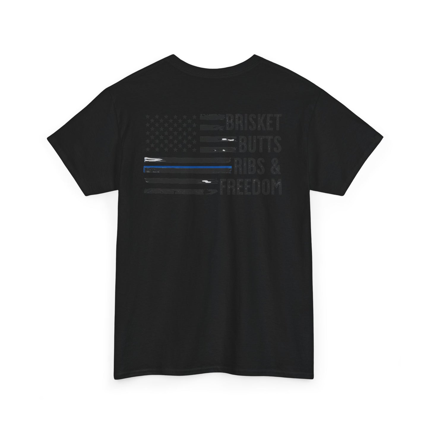 Thin Blue Line Patriotic BBQ Shirt Brisket Butts Ribs Smoker Tee | American Flag Grill