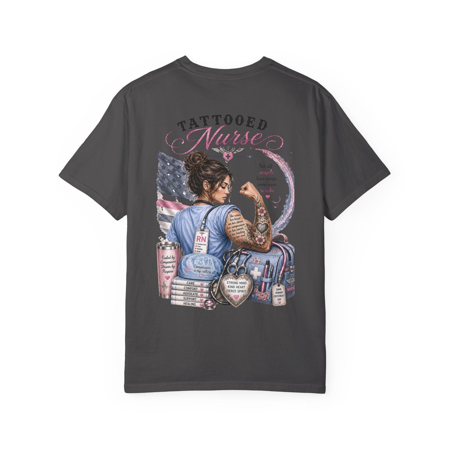Tattooed Nurse T-Shirt — "She Wears Her Heart on Her Sleeve" RN Back Design