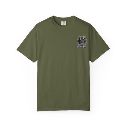 Firefighter Red & Black Thin Line Tee — Distressed American Flag Back Design