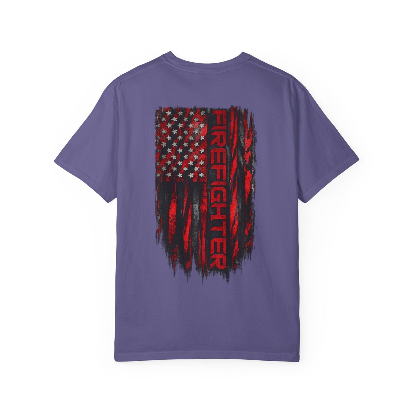 Firefighter Red & Black Thin Line Tee — Distressed American Flag Back Design