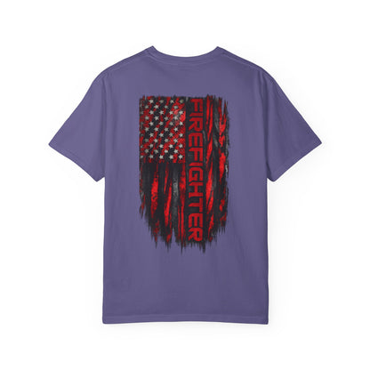 Firefighter Red & Black Thin Line Tee — Distressed American Flag Back Design