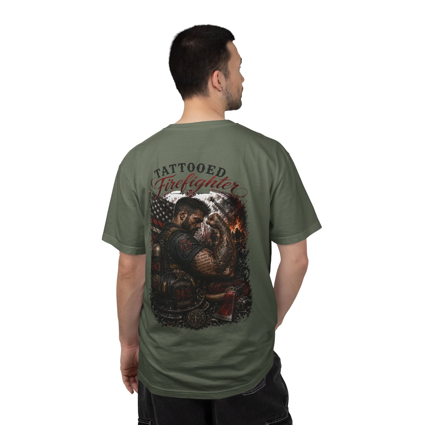 Firefighter Tribute T-Shirt — "343 Never Forget" Fire Rescue Back Design