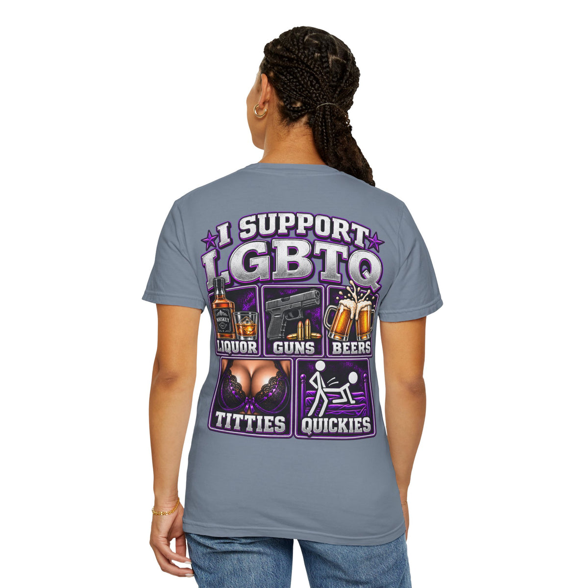 Support LGBTQ Liquor Guns Beers T-Shirt — Graphic Back Print