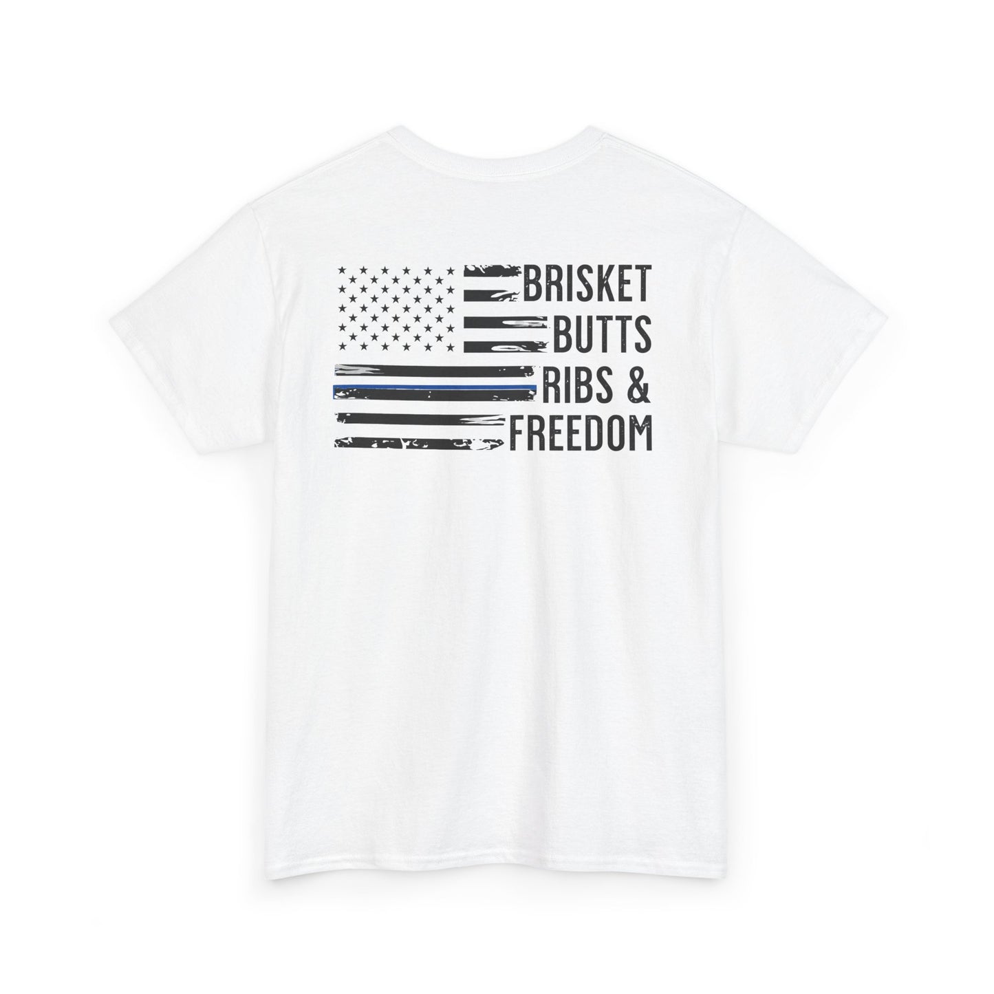 Thin Blue Line Patriotic BBQ Shirt Brisket Butts Ribs Smoker Tee | American Flag Grill