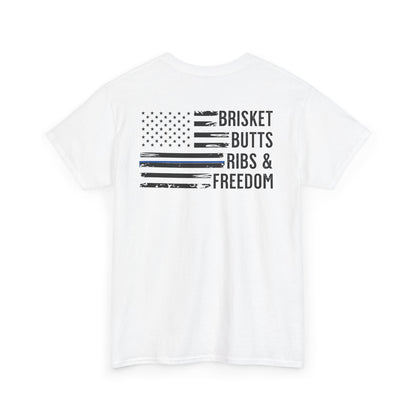 Thin Blue Line Patriotic BBQ Shirt Brisket Butts Ribs Smoker Tee | American Flag Grill