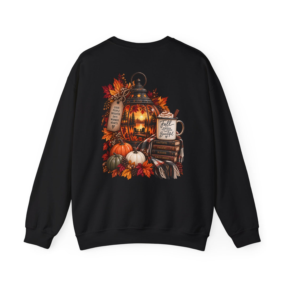 Autumn Lantern Pumpkin Stack Sweatshirt | Cozy Fall Leaves Scene
