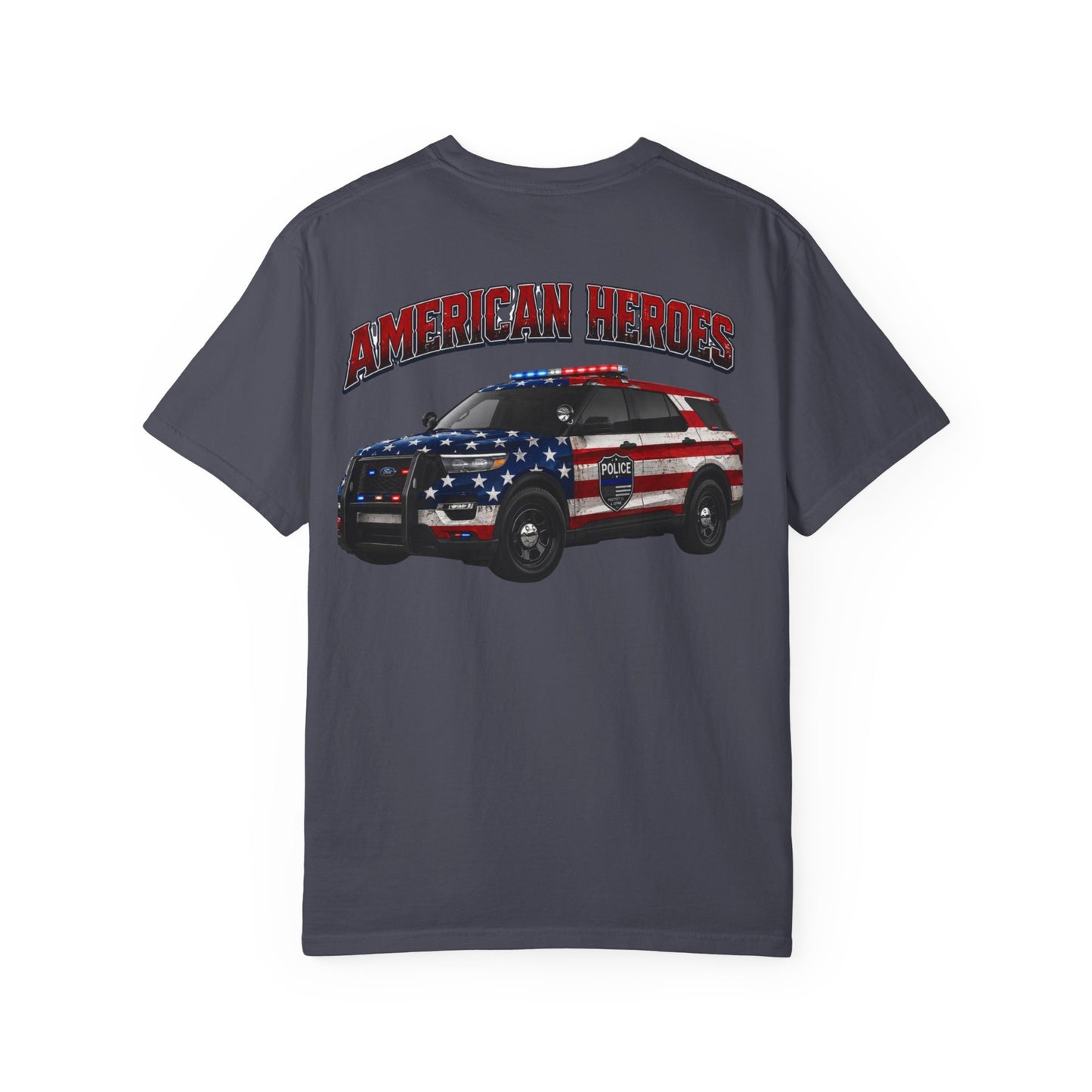 American Heroes Police SUV Tee — "AMERICAN HEROES" Patriotic Flag Graphic T-Shirt