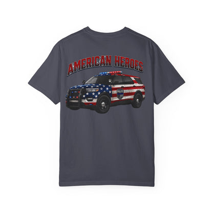 American Heroes Police SUV Tee — "AMERICAN HEROES" Patriotic Flag Graphic T-Shirt