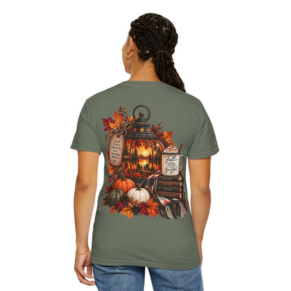 Autumn Lantern Pumpkin Stack T-Shirt | Fall Leaves Cozy Harvest Design