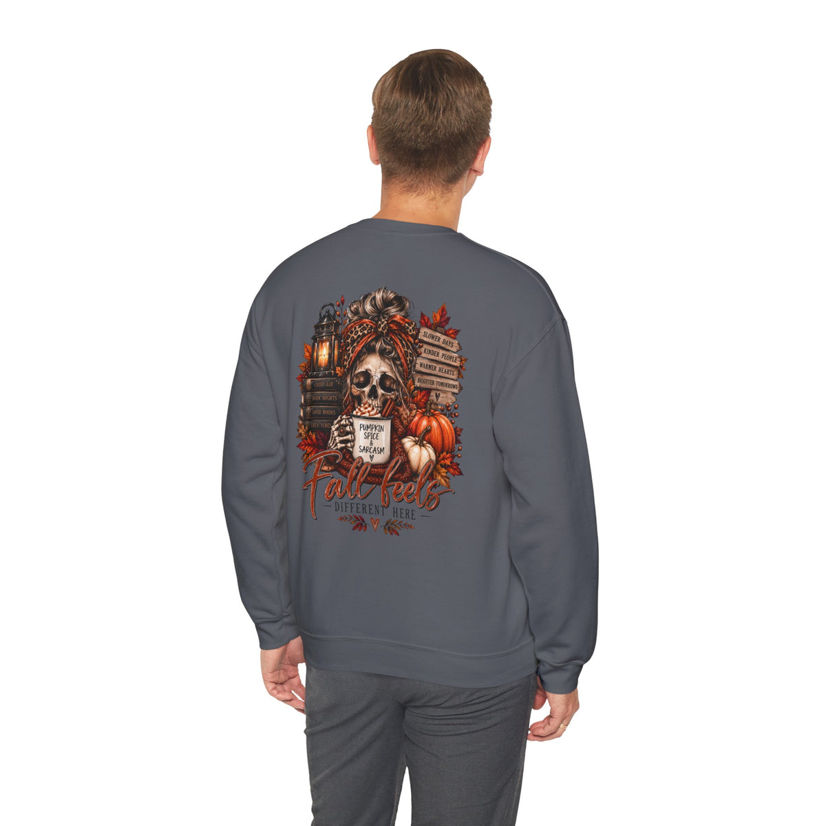 Fall Vibes Skull Coffee Mug Sweatshirt | Autumn Leaves Pumpkins Lantern