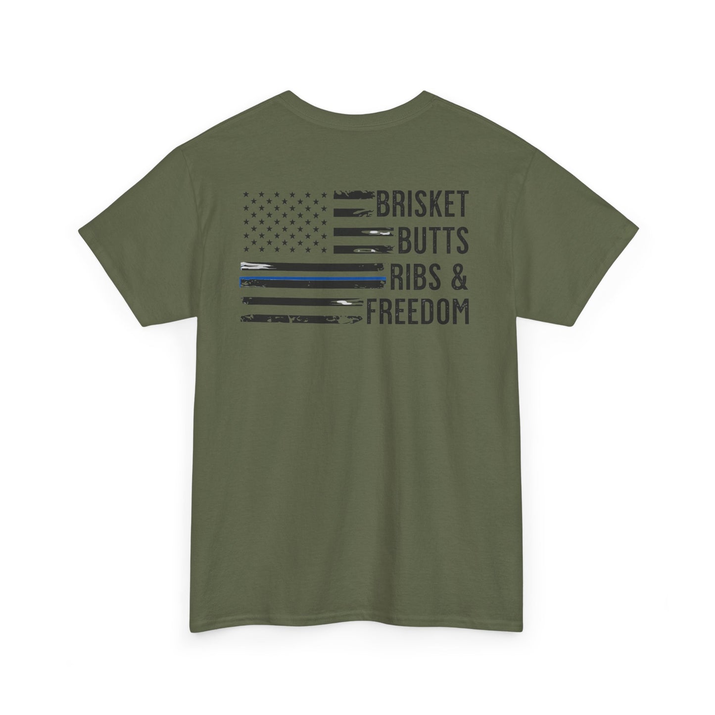 Thin Blue Line Patriotic BBQ Shirt Brisket Butts Ribs Smoker Tee | American Flag Grill