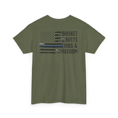 Thin Blue Line Patriotic BBQ Shirt Brisket Butts Ribs Smoker Tee | American Flag Grill