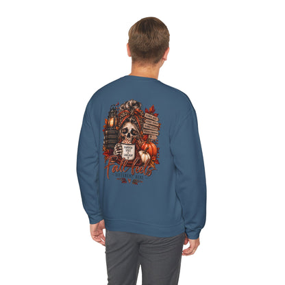 Fall Vibes Skull Coffee Mug Sweatshirt | Autumn Leaves Pumpkins Lantern