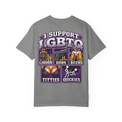 Support LGBTQ Liquor Guns Beers T-Shirt — Graphic Back Print