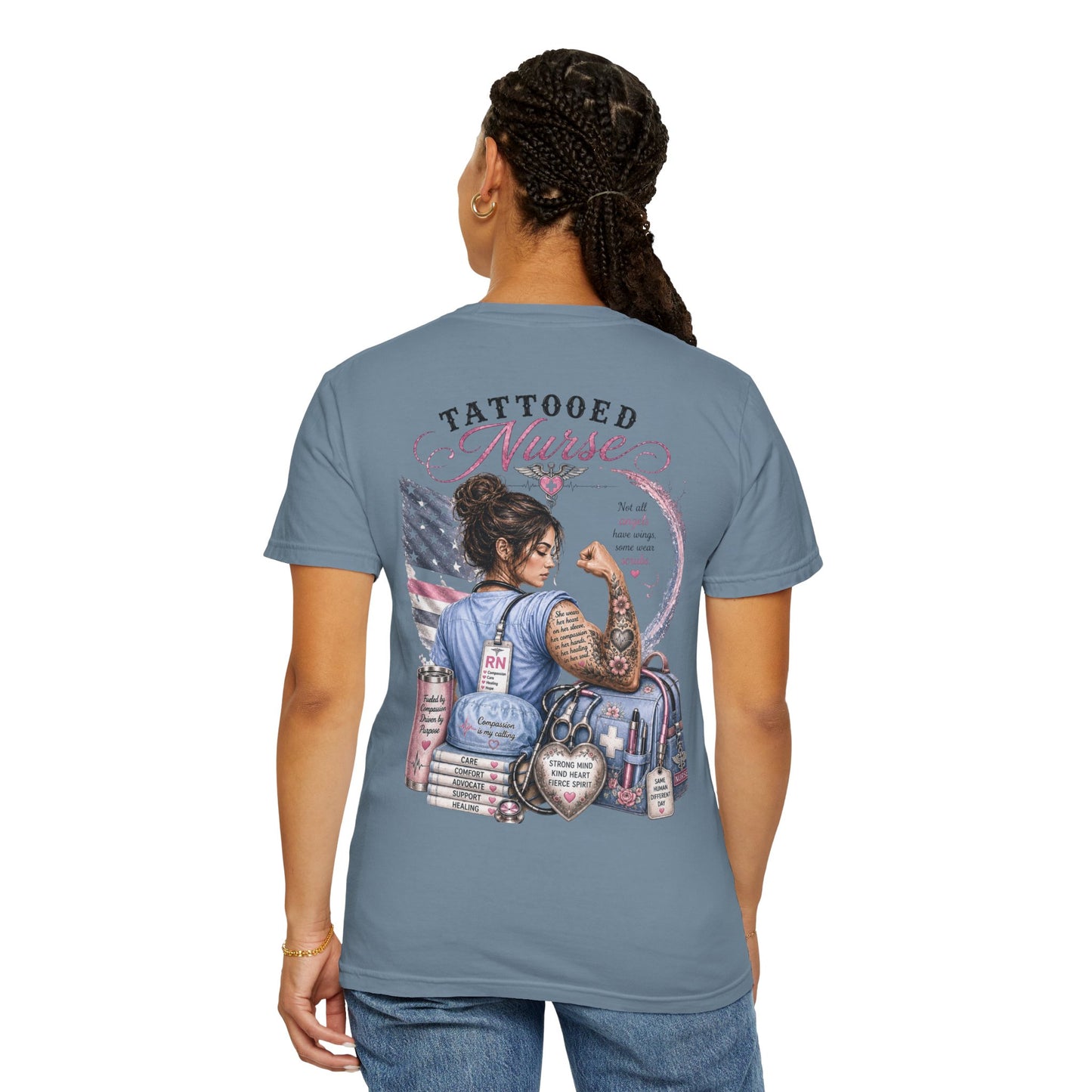 Tattooed Nurse T-Shirt — "She Wears Her Heart on Her Sleeve" RN Back Design