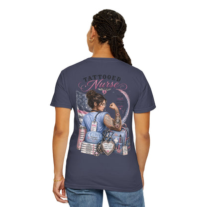 Tattooed Nurse T-Shirt — "She Wears Her Heart on Her Sleeve" RN Back Design