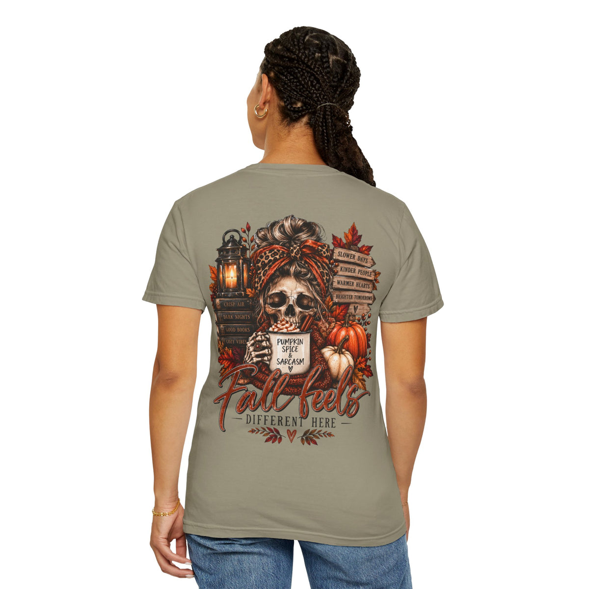 Fall Feels Different Here Pumpkin Spice Sarcasm Skeleton Fall T-Shirt & Sweatshirt Dark Autumn Graphic