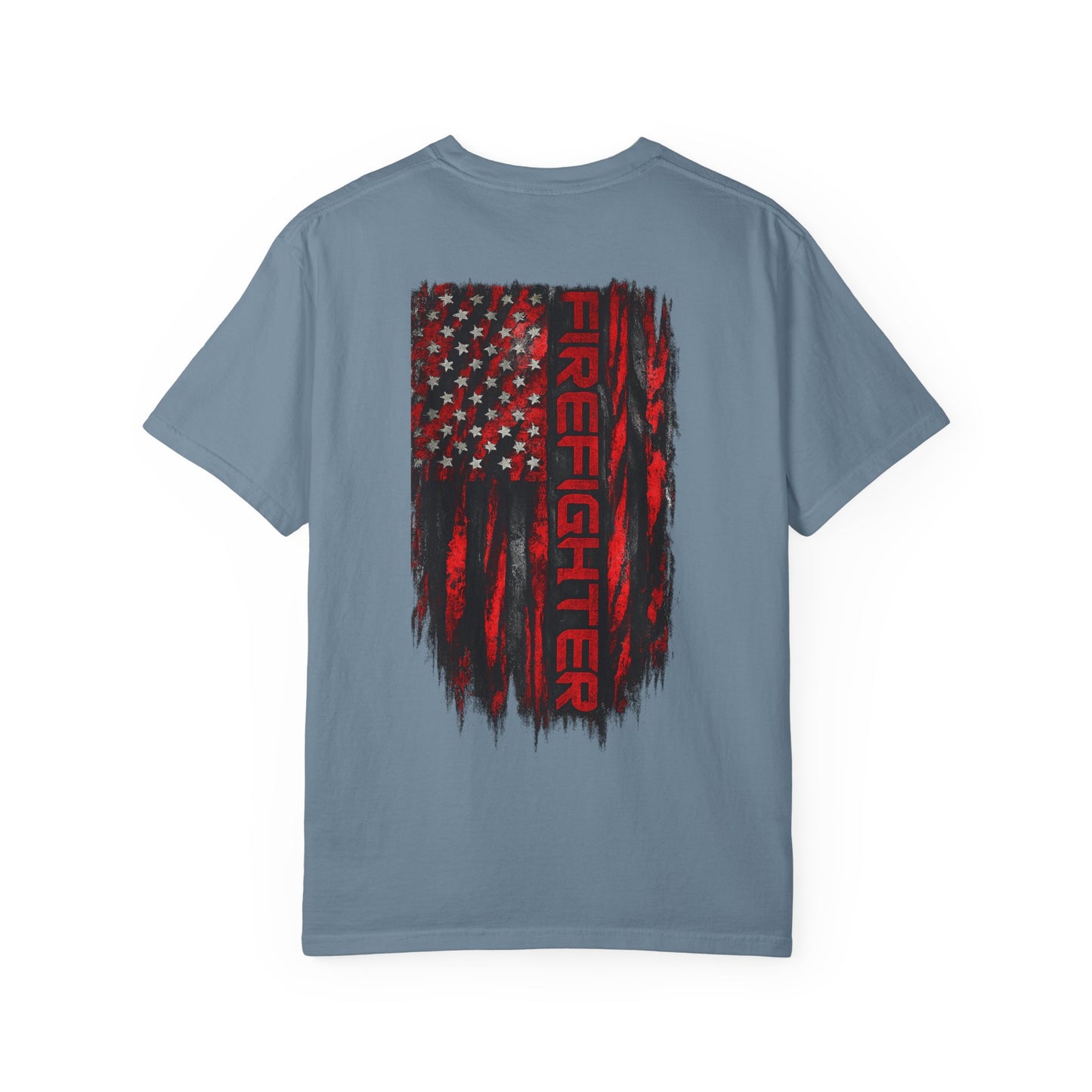 Firefighter Red & Black Thin Line Tee — Distressed American Flag Back Design