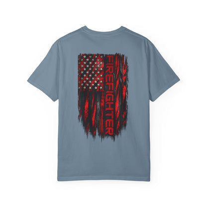 Firefighter Red & Black Thin Line Tee — Distressed American Flag Back Design