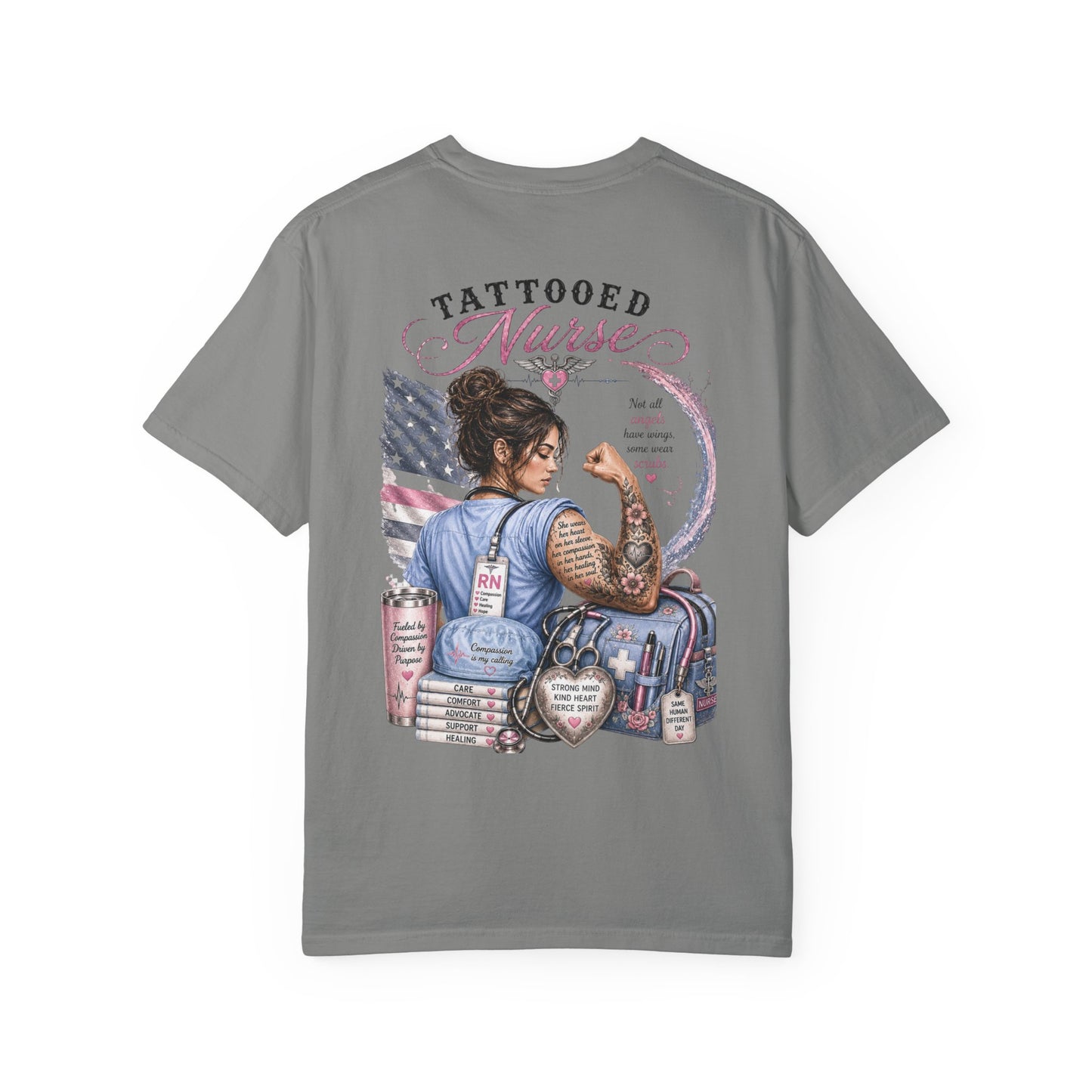 Tattooed Nurse T-Shirt — "She Wears Her Heart on Her Sleeve" RN Back Design