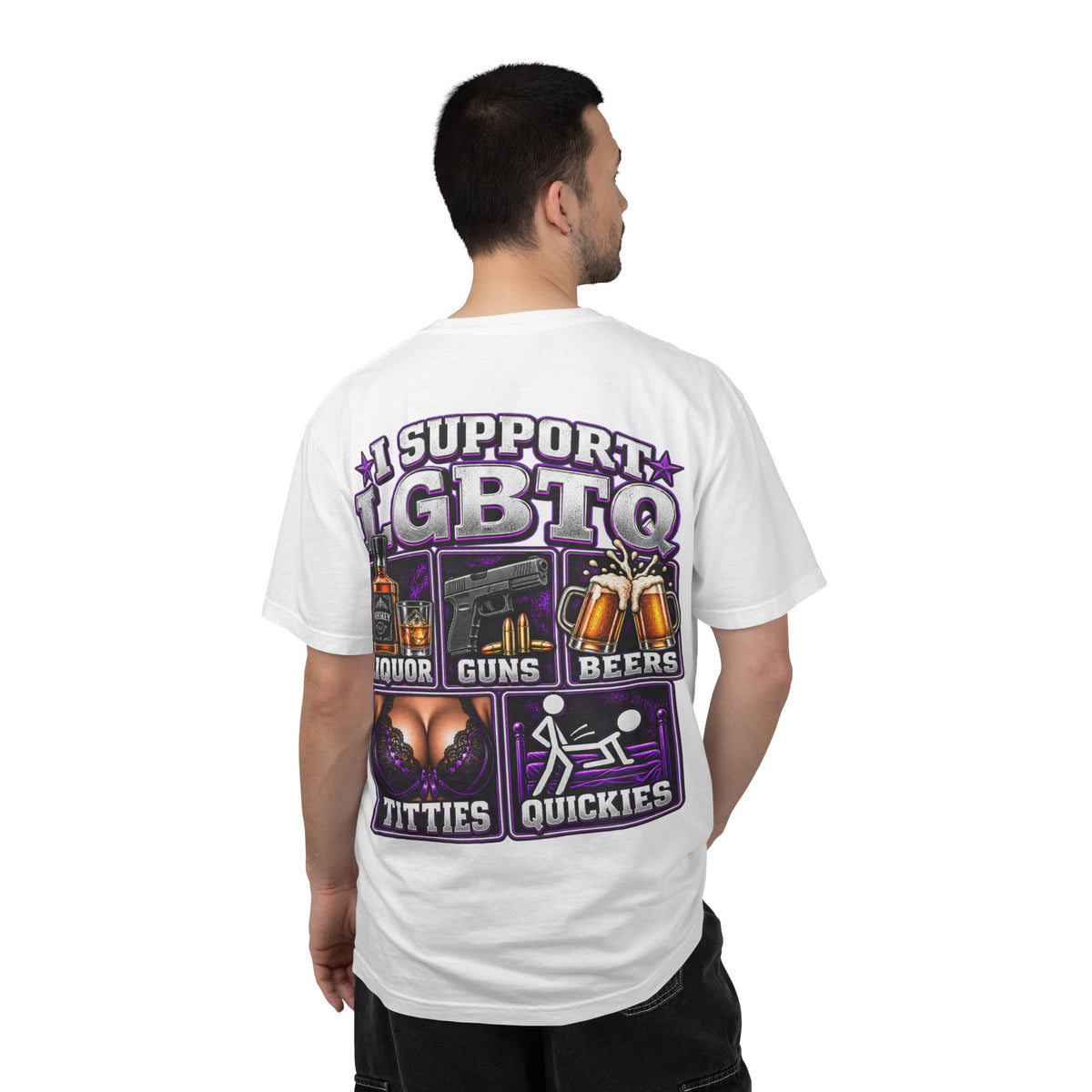 Support LGBTQ Liquor Guns Beers T-Shirt — Graphic Back Print