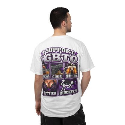 Support LGBTQ Liquor Guns Beers T-Shirt — Graphic Back Print