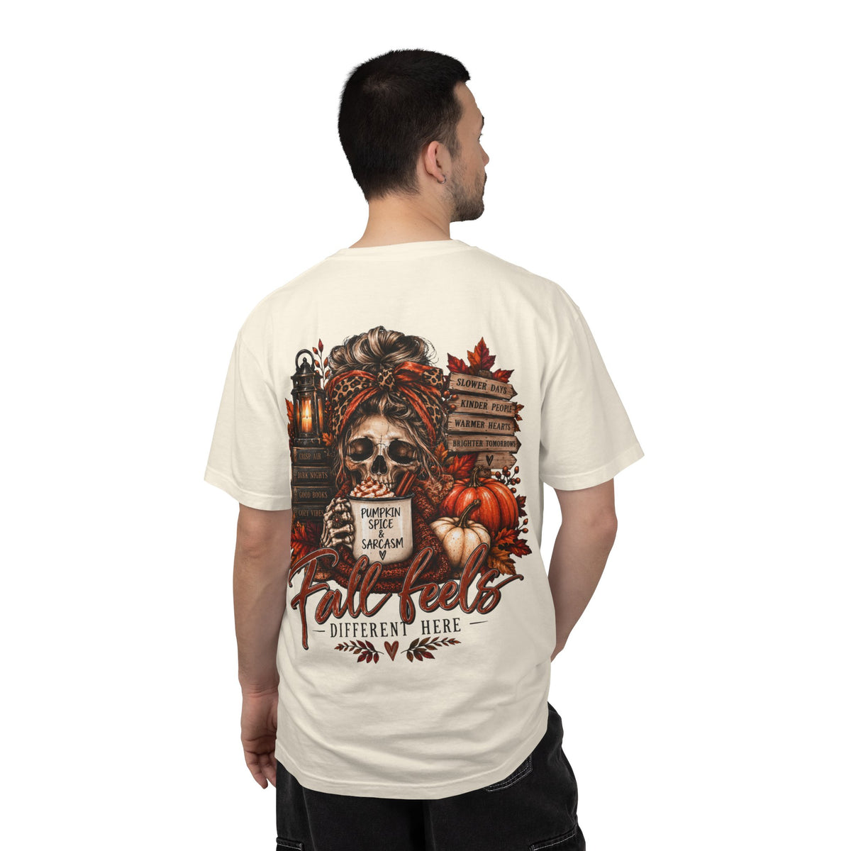 Fall Feels Different Here Pumpkin Spice Sarcasm Skeleton Fall T-Shirt & Sweatshirt Dark Autumn Graphic