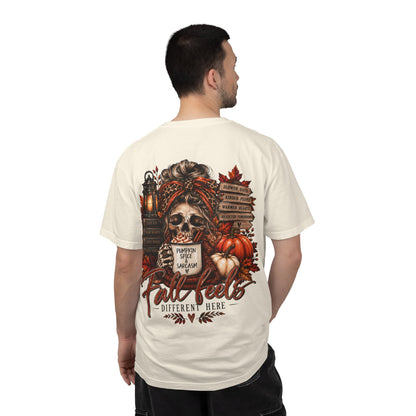 Fall Feels Different Here Pumpkin Spice Sarcasm Skeleton Fall T-Shirt & Sweatshirt Dark Autumn Graphic