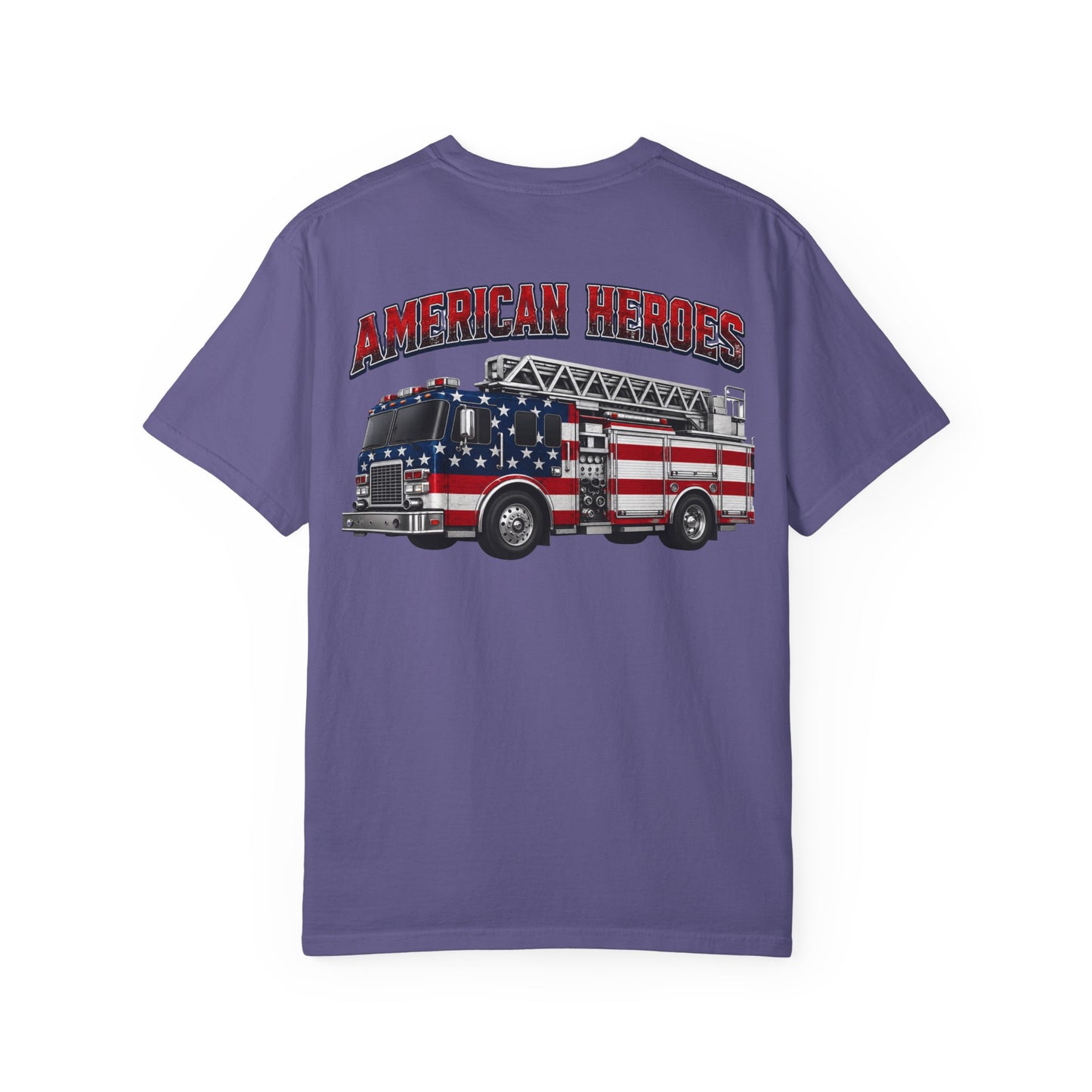 Firefighter T-Shirt — "American Heroes" Flag Fire Truck Graphic