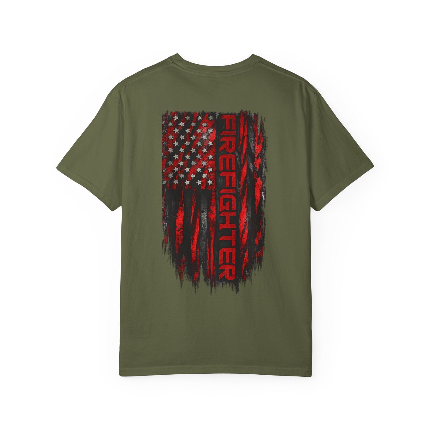 Firefighter Red & Black Thin Line Tee — Distressed American Flag Back Design