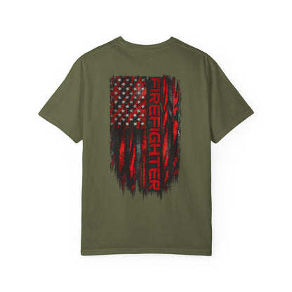 Firefighter Red & Black Thin Line Tee — Distressed American Flag Back Design