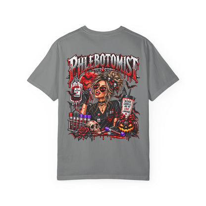 Phlebotomist Horror Blood Drip graphic T-shirt | Medical Tech Tee