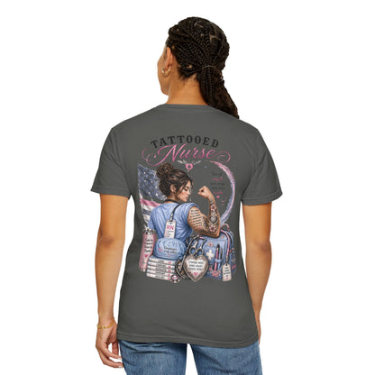 Tattooed Nurse T-Shirt — "She Wears Her Heart on Her Sleeve" RN Back Design