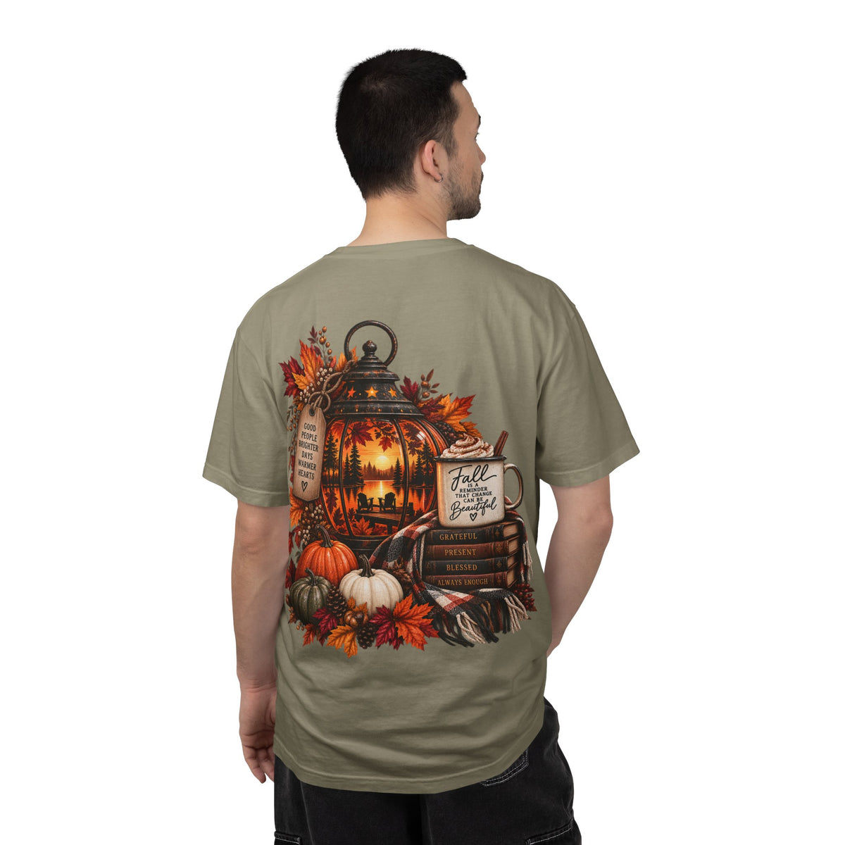 Autumn Lantern Pumpkin Stack T-Shirt | Fall Leaves Cozy Harvest Design