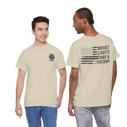 Thin Blue Line Patriotic BBQ Shirt Brisket Butts Ribs Smoker Tee | American Flag Grill