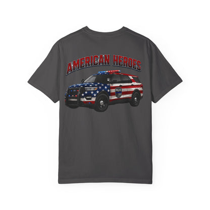 American Heroes Police SUV Tee — "AMERICAN HEROES" Patriotic Flag Graphic T-Shirt