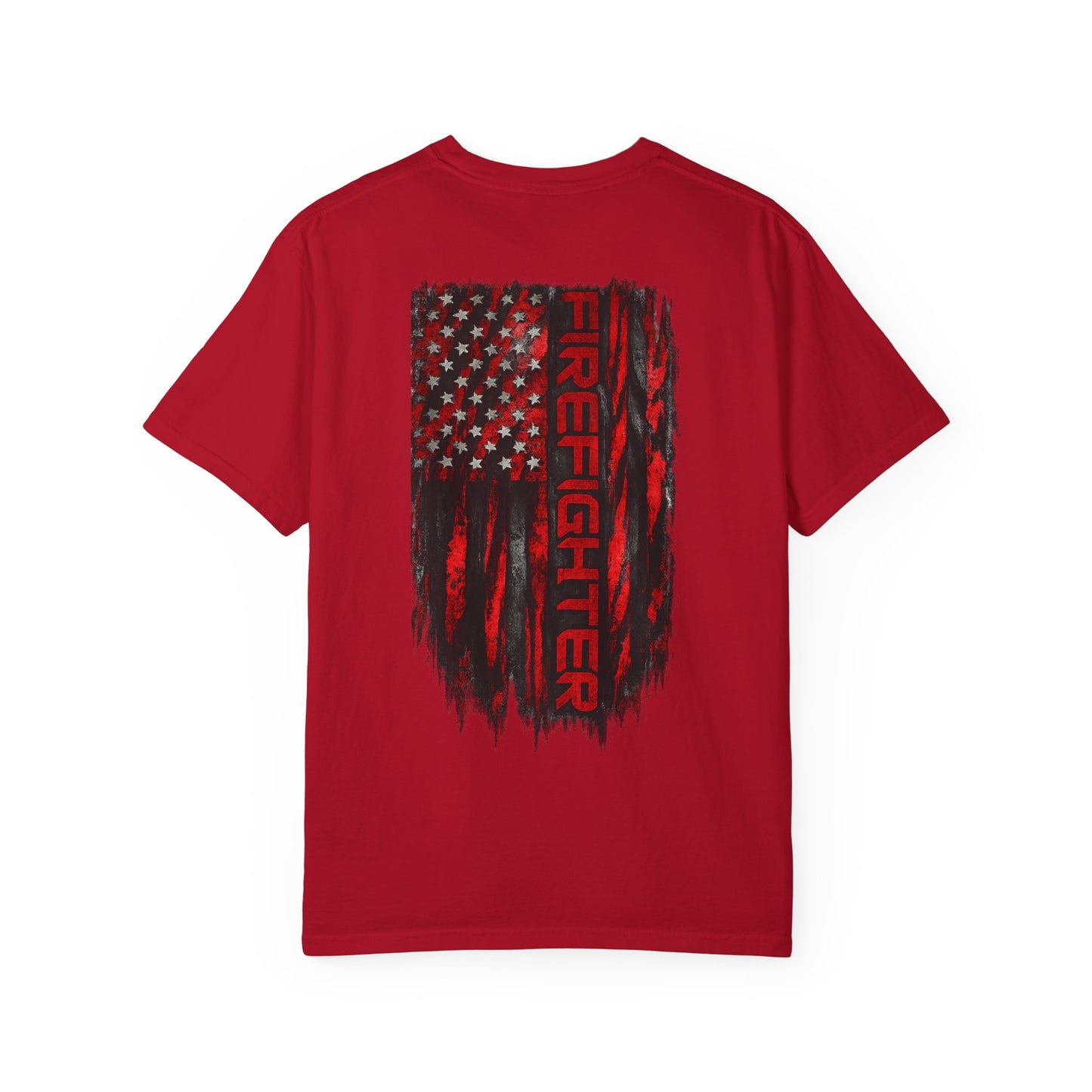 Firefighter Red & Black Thin Line Tee — Distressed American Flag Back Design