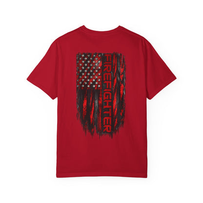 Firefighter Red & Black Thin Line Tee — Distressed American Flag Back Design