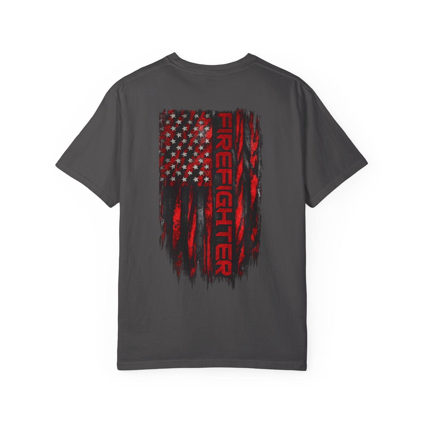Firefighter Red & Black Thin Line Tee — Distressed American Flag Back Design