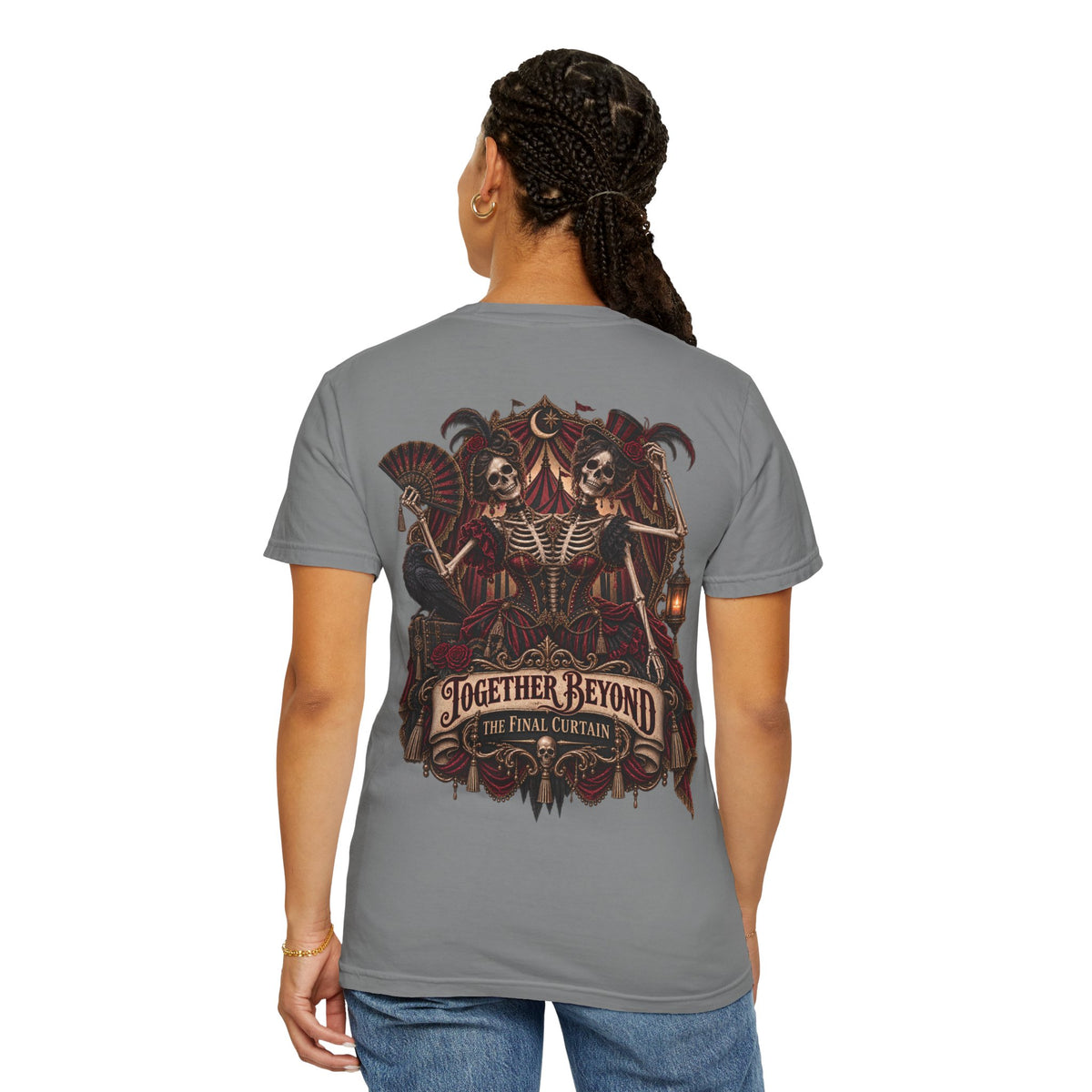Together Beyond the Final Curtain | Gothic Sideshow Skeleton Halloween Shirt
