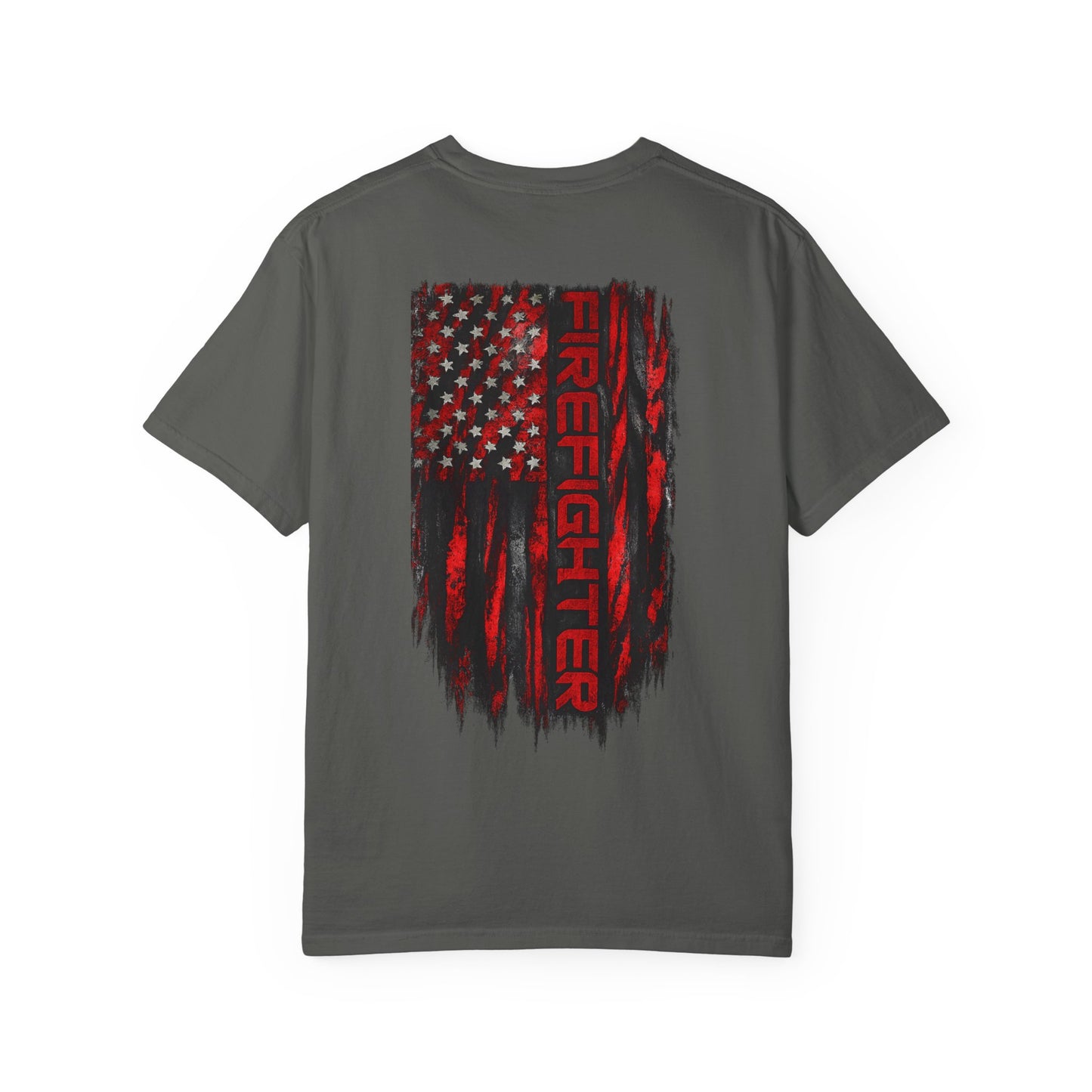 Firefighter Red & Black Thin Line Tee — Distressed American Flag Back Design
