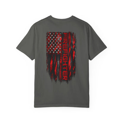 Firefighter Red & Black Thin Line Tee — Distressed American Flag Back Design