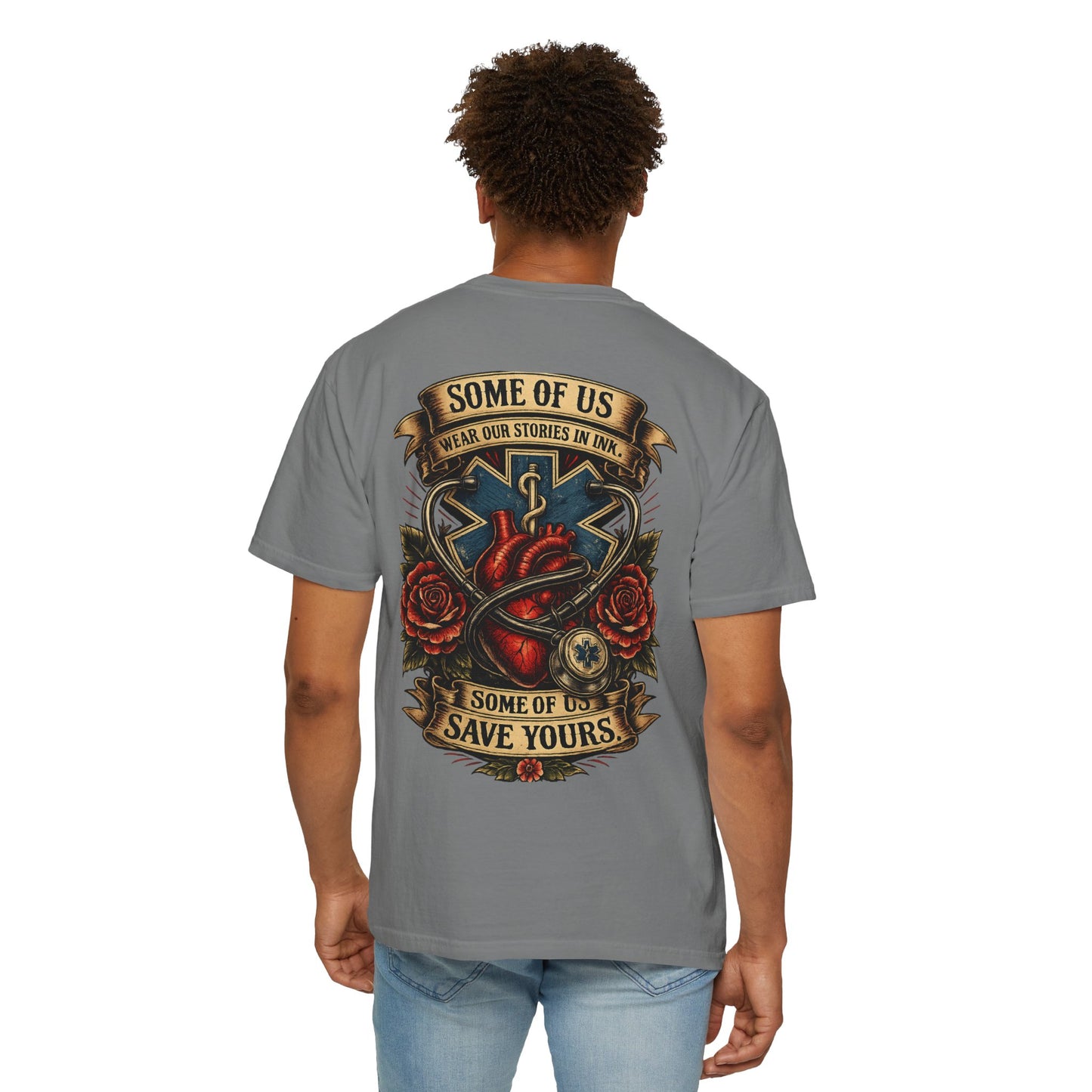 Paramedic Tattoo Heart T‑Shirt — "Some of Us Wear Our Stories in Ink, Some of Us Save Yours"