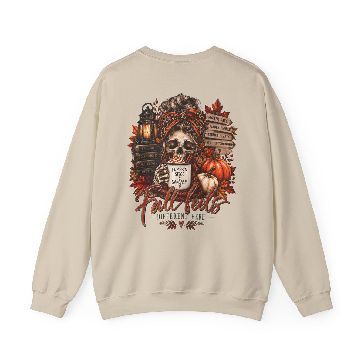 Fall Vibes Skull Coffee Mug Sweatshirt | Autumn Leaves Pumpkins Lantern
