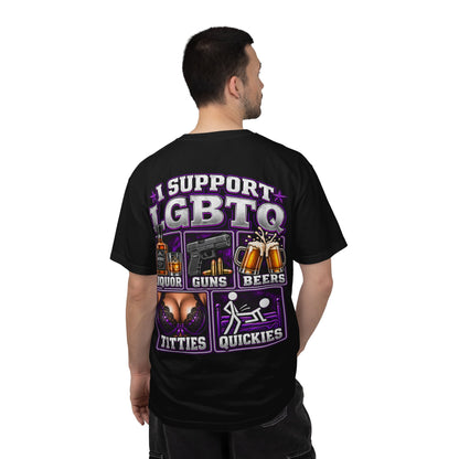 Support LGBTQ Liquor Guns Beers T-Shirt — Graphic Back Print